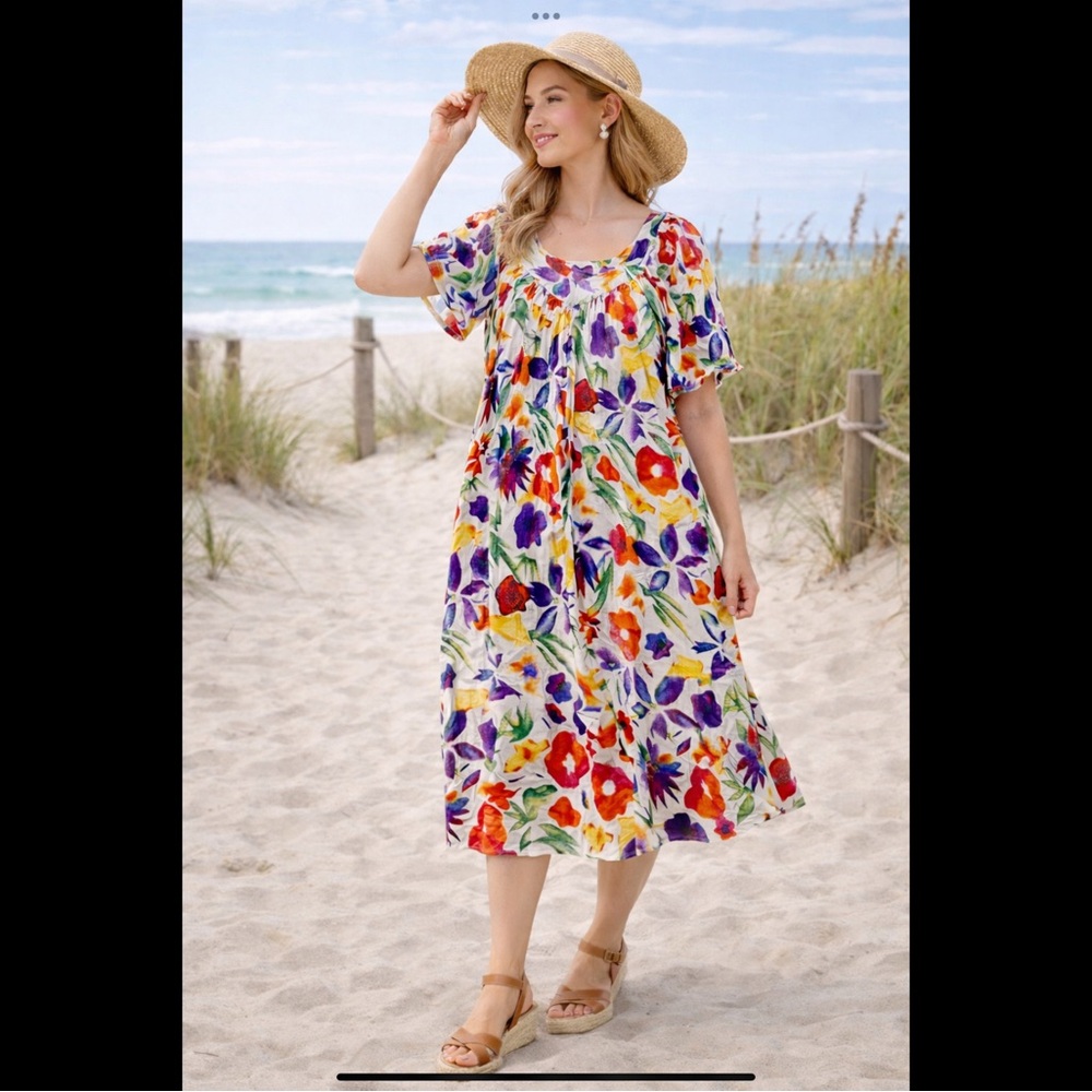 Dante’ Classics Boho Beach Vacation Cotton Floral Midi Dress Pockets 3X